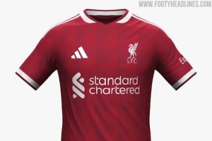 利物浦26-27赛季主场球衣谍照：采用深红色调+白色细节装饰